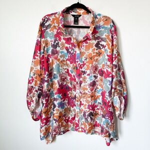 Ali Miles Multicolor Abstract Floral Button Up Tunic Top Womens 2X Pink Orange